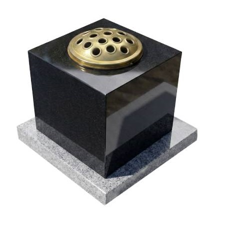 Black granite cube vase with gold flower holder and granite base