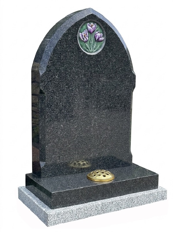 Flint Grey Granite Gothic Headstone with Carved Purple Tulips