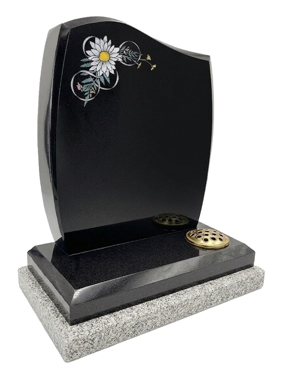 Black Granite Curved Headstone with Daisy Flower Design