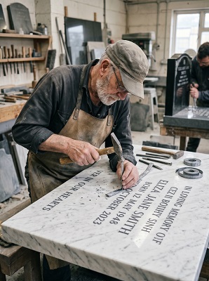 Lead lettering on marble