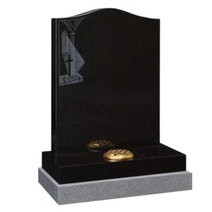 black headstone with church window design