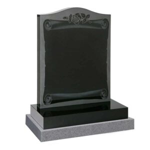 Grey granite headstone with scroll and rose design